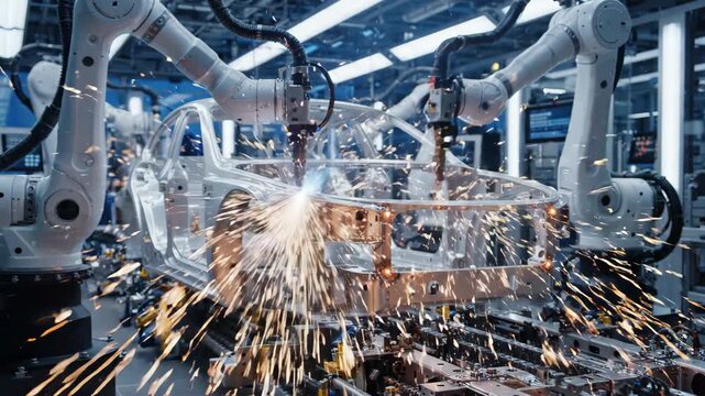 Robotic arms welding an unfinished car chassis on a modern industrial assembly line with sparks flying in a high-tech factory