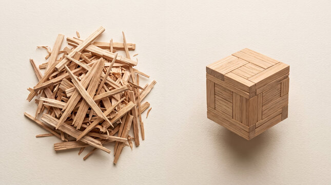 Creative wooden splinters and cube forming abstract organizational structure on minimalist background