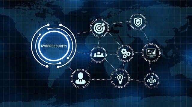 Corporate cyber-security network defence template with digital safety data protection node icons.