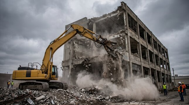 Yellow excavator demolishing old concrete building at demolition site with workers