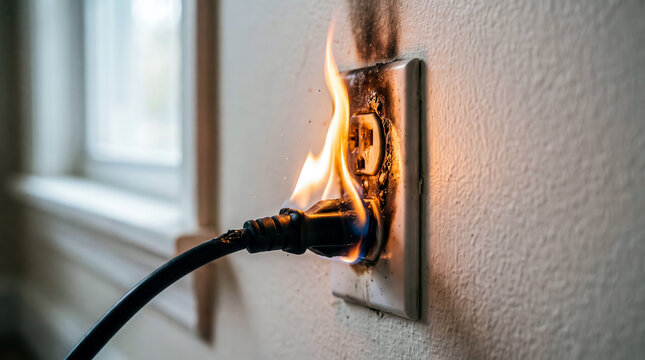 Electrical outlet on fire with burning plug and melted wires in residential setting