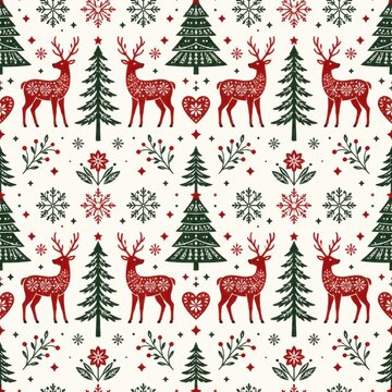 Nordic Christmas seamless pattern with trees deer and snowflakes