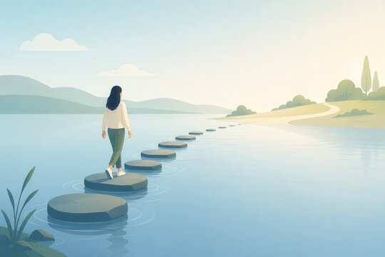 One step at a time concept person crossing stepping stones flat vector