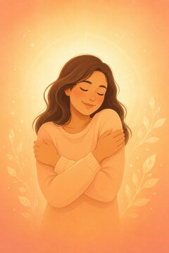 Person hugging themselves surrounded by soft glowing light self-compassion concept