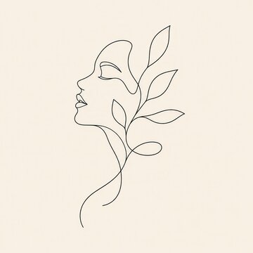 Minimalist one line art woman face with leaves boho wall art background
