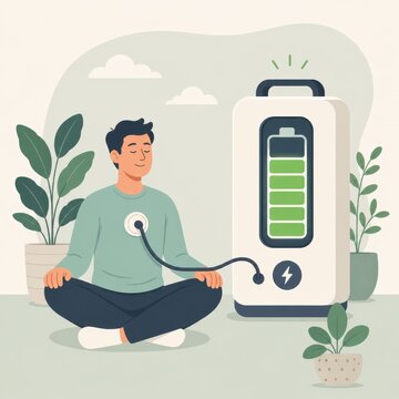 Person recharging low battery self care energy concept flat vector