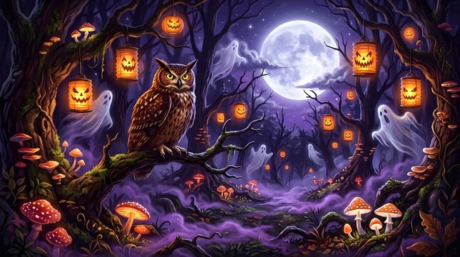 Enchanting halloween forest scene with owl ghosts and jack o' lanterns under a full moon