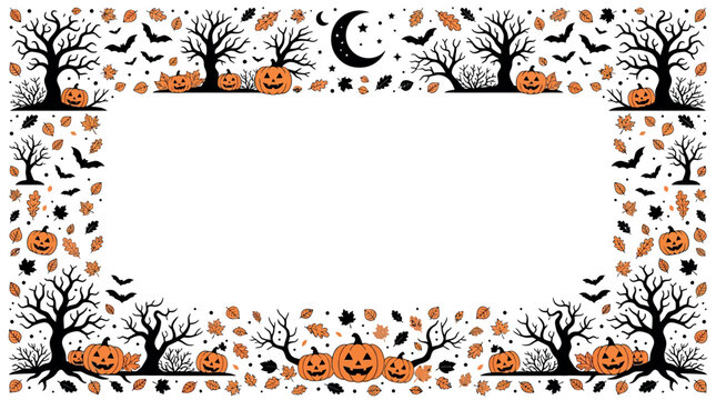 Halloween pumpkins and bats border design with trees and moon in pixel art style