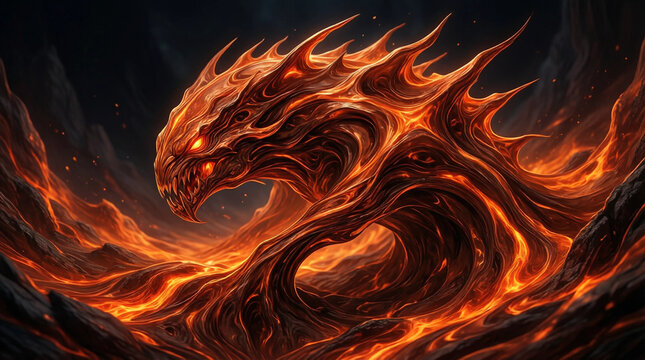 Fiery dragon emerging from lava with glowing eyes and sharp spines in dark volcanic landscape