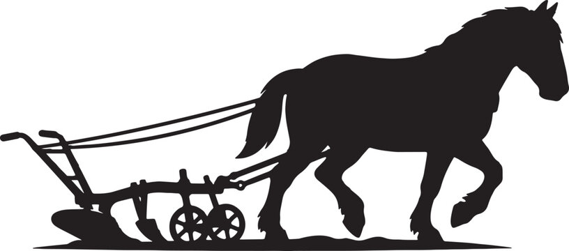 Black silhouette of a horse pulling a plow, farm illustration, vintage agriculture, editable vector.