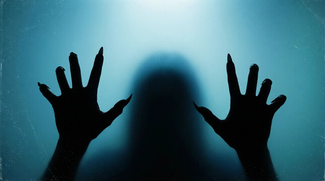 Silhouette of a figure with hands pressed against glass, creating a chilling and suspenseful atmosphere