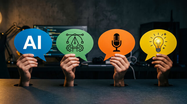 Four hands holding speech bubbles representing AI, technology, podcasting, and innovation in a modern workspace
