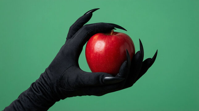 Gloved hand with sharp claws holding a red apple against a green background