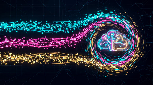 Futuristic cloud computing data visualization with glowing digital network connections and cybersecurity symbols