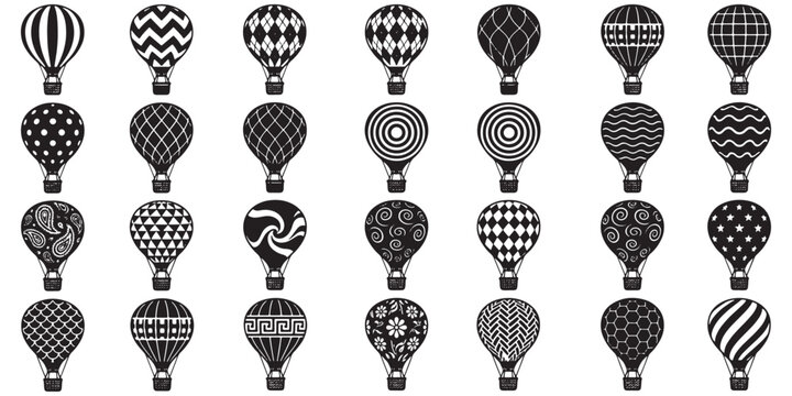 Collection of black and white hot air balloon icons with diverse patterns on a transparent background