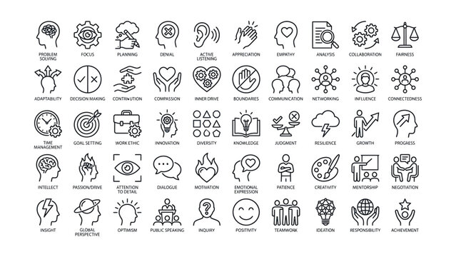 Comprehensive set of modern business soft skills and personal development line icons collection representing professional abilities and human qualities