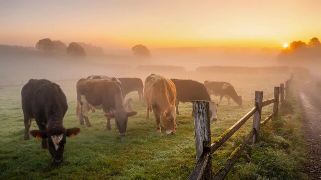 Peaceful sunrise over misty countryside with grazing cows in green pasture and wooden fence