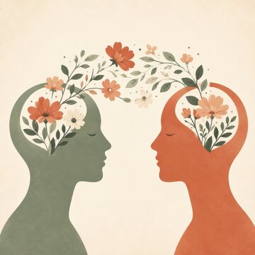 Two head silhouettes exchanging flowers empathy flat vector concept