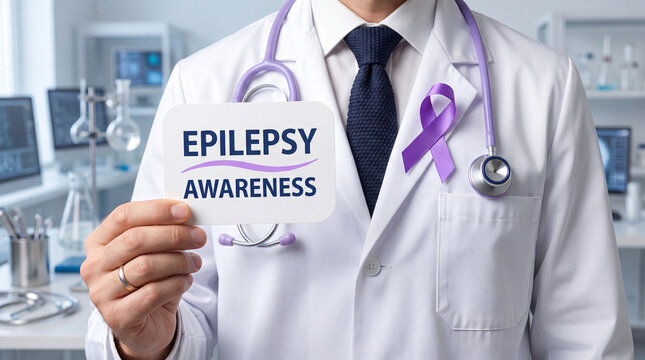 Doctor holding epilepsy awareness sign. Medical professional supporting seizure disorder care.
