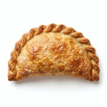 Golden Baked Beef Empanada Pastry with Crimped Edge, Isolated on White