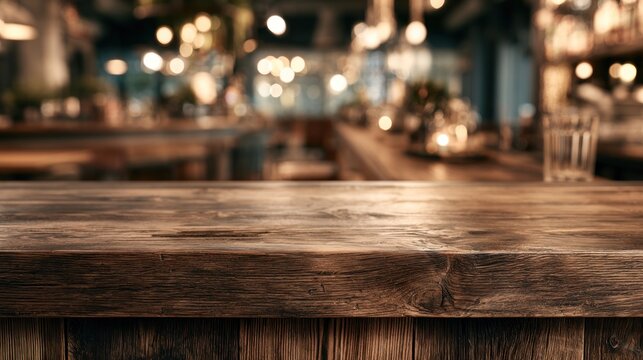 Empty wooden bar counter in a dimly lit establishment