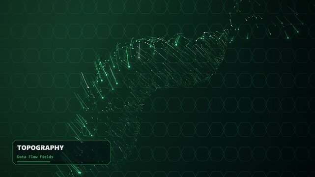 Green digital topography visualization featuring dynamic data flow fields with floating particles and hexagonal grid patterns