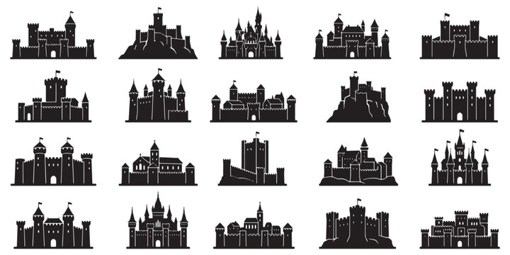 Collection of black castle silhouettes on a white background for fantasy and fairytale designs