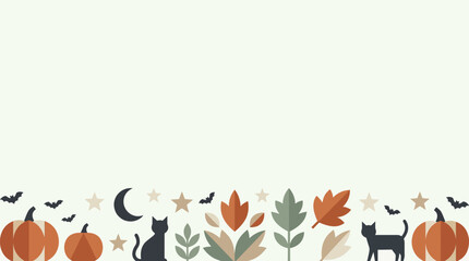 Fototapeta premium Halloween-themed flat design with pumpkins, cats, bats, leaves, and stars