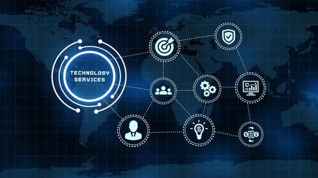 Advanced technology services interface with global networking communication data nodes and map backdrop.