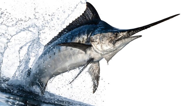Marlin fish jumping above the water with shadow cut out isolated on white background. AI Generated.
