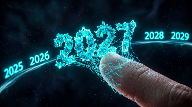 Futuristic finger touching glowing digital year 2027 crystal timeline with futuristic years 2025-2029