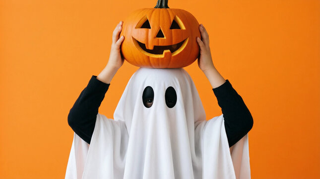 Person dressed as a ghost holding a carved pumpkin for Halloween celebration against orange background