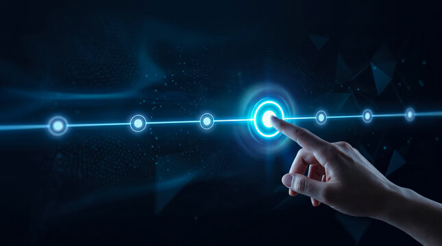 Futuristic hand selecting digital node on glowing interactive timeline interface
