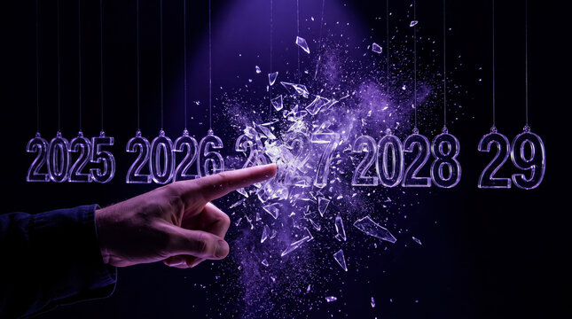 Futuristic hand selecting shattering glass year 2027 from digital calendar display
