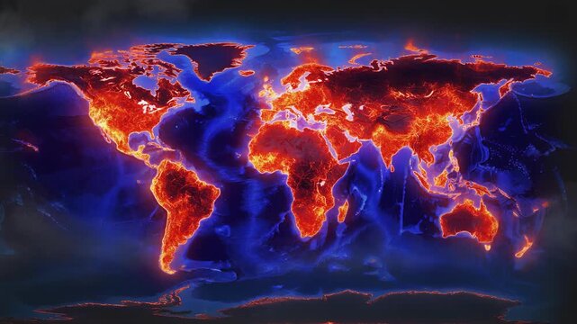 Global map showing heat intensity and hotspots across continents with vibrant red and orange colors