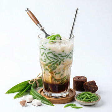 Indonesian Traditional Es Cendol Dessert Drink with Palm Sugar and Coconut Milk, Isolated on White
