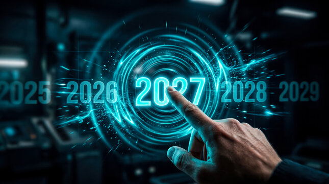 Futuristic holographic display showing year 2027 with finger interaction in tech workspace