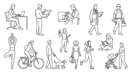 Obraz premium Minimalist line art people icons set, diverse characters performing daily activities and professional jobs, black and white vector illustrations