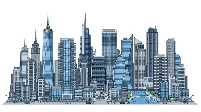 Modern City Skyline Vector with Skyscrapers and Urban Architecture Illustration