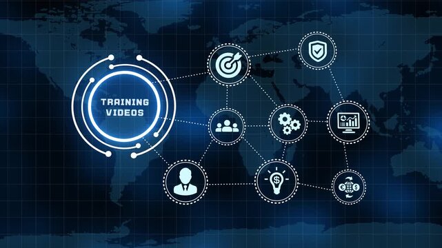 Corporate training videos and online learning concept with digital network interface and icons on world map background.
