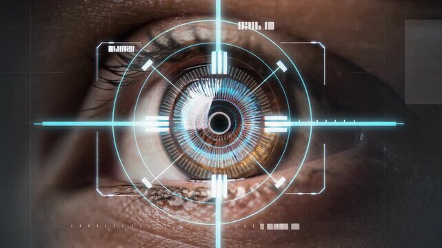 Close up of human eye with futuristic digital interface and biometric scanning technology concept