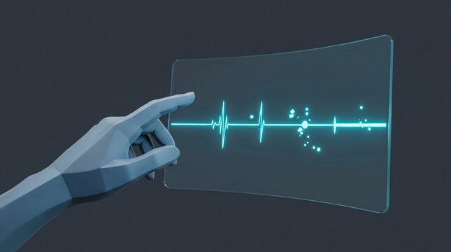 Hand touching futuristic digital interface displaying audio waveform and data points