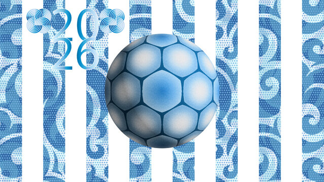 Argentinian soccer ball illustration. blue white football symbol 2026 typography isolated. artistic polygon hexagon floral ribbons effect football design for light and dark color background PNG.	