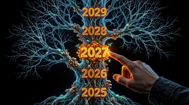 Hand selecting 2027 year node from futuristic mycelium network tree with 2025-2029 branching years