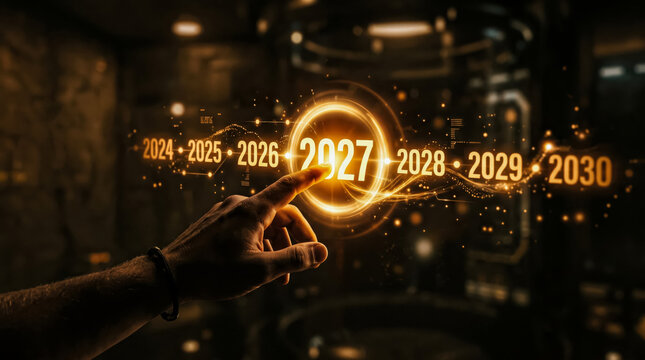 Hand touching glowing futuristic digital year 2027 interface with futuristic timeline display