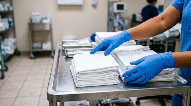 Healthcare professional organizing sterile medical linens in hospital operating room