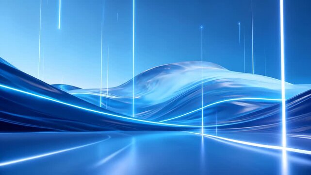 Abstract futuristic blue background featuring glowing neon light trails and fluid digital wave patterns for technology and data concepts