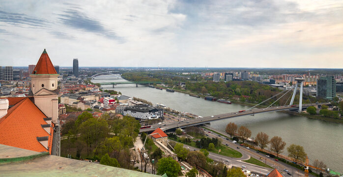 Panoramic View of Bratislava with Danube River and UFO Bridge