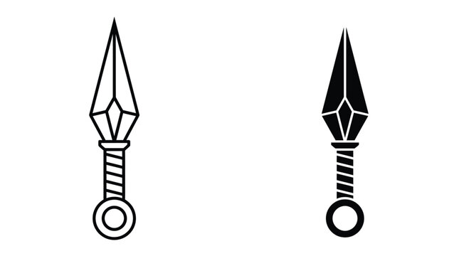 Sharp ninja kunai throwing blades illustrated in black and white styles featuring simple geometric shapes for a clean minimalist design suitable for various creative graphic projects