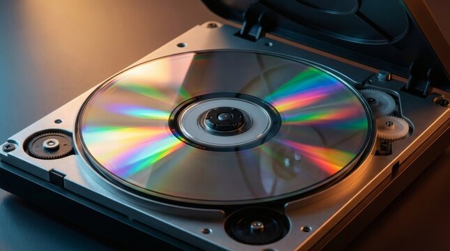Close-up of a Compact Disc (CD) in an Open Player, Revealing Internal Mechanisms and Colorful Light Reflections
